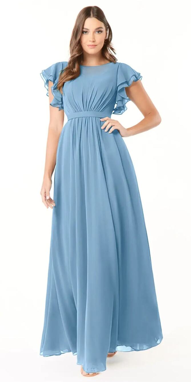 Azazie Daphne blue layered chiffon ruffle sleeve gown size 8 Wedding Formal
